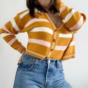 Forever NWT 21 Striped Drop Shoulder V Neck Cardigan Cropped Yellow Sweater